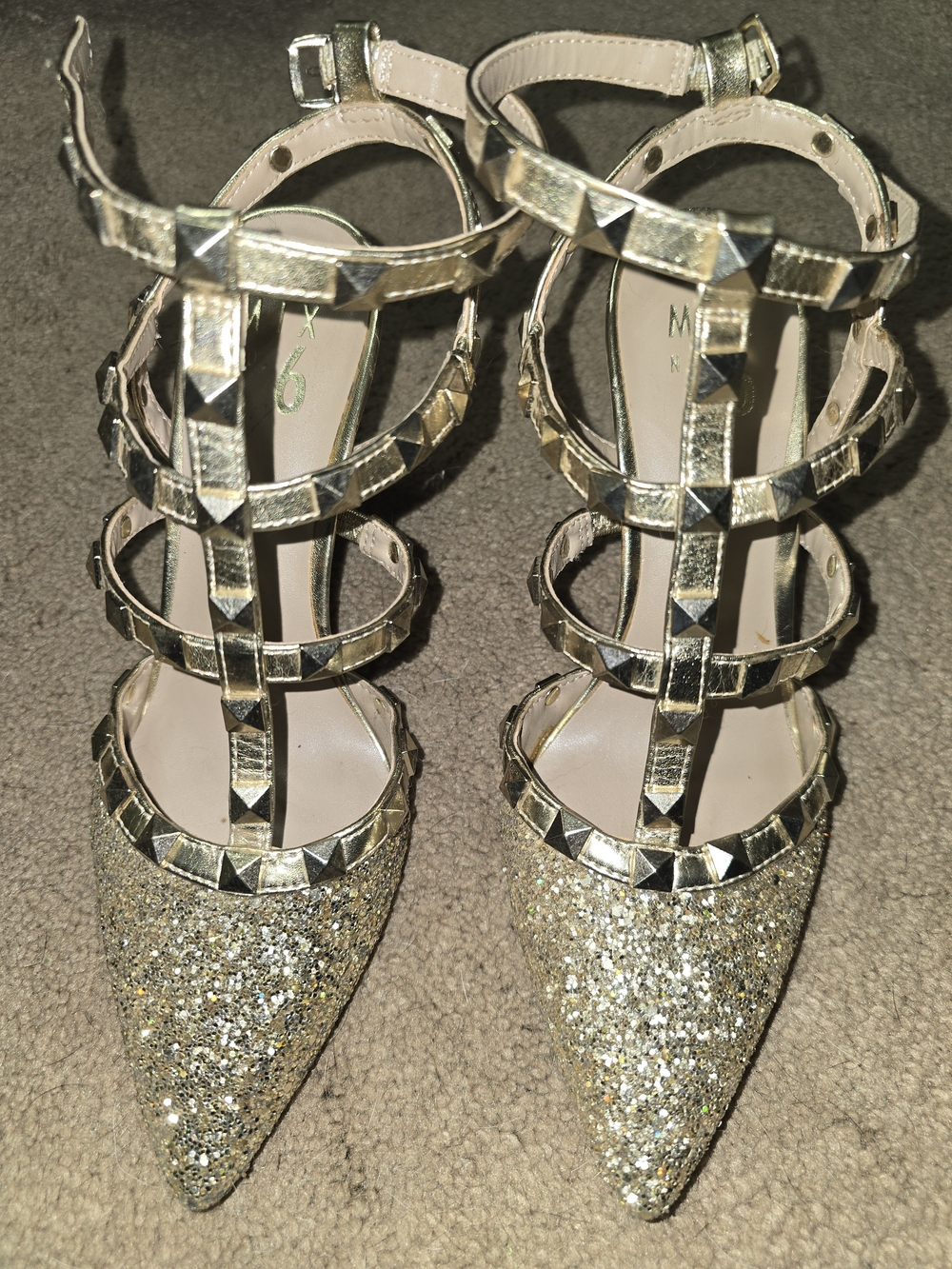 Gold Glitter Studded Strappy Pointed-Toe Women's Heels